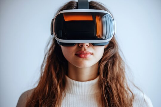A young woman experiences virtual reality, fully immersed in a digital world with a sleek headset and vibrant reflections.