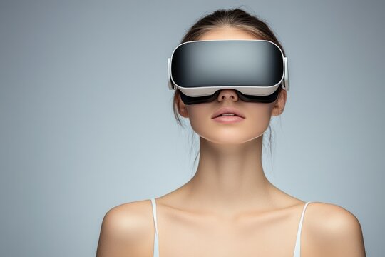 A young woman immerses herself in a futuristic virtual reality experience, wearing a sleek VR headset against a minimalist grey background. Exploring new digital dimensions. - Powered by Adobe