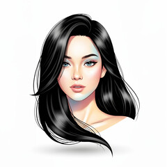 Woman with glossy black hair, confident, on a white background, copy space