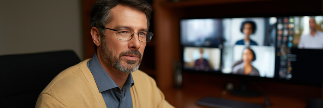 A serious man engaging in a video conference, representing professionalism and focus while connecting with his team in a modern workspace full of technology.
