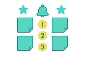 Organized workflow concept with sticky notes, ranking numbers, stars, and notification bell