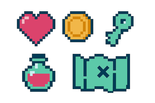 Collection of retro pixel game items including heart, coin, key, potion, and map symbols