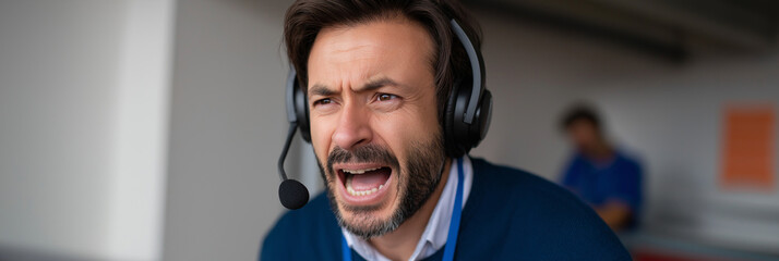 An intense sports commentator expresses passion and excitement through animated speech, bringing energy and enthusiasm to the sports event atmosphere and engaging viewers completely.
