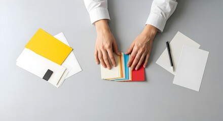 Designer's hands arranging vibrant paper color swatches for a creative project.
