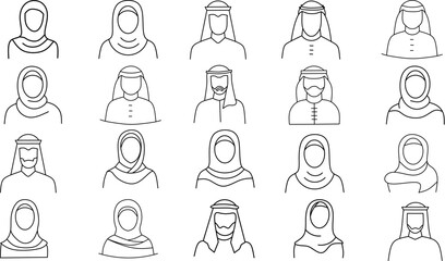 Saudi People Line Icon Set – Traditional and Modern Characters, Vector Illustration, Transparent Background editable line