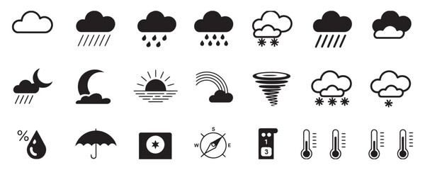 Weather forecast icons for your next design project: cloud, rain, sun, compass, tornado, thermometer, and more weather elements for web or print