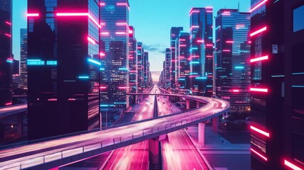 Futuristic cityscape with neon lights illuminating the skyscrapers and a highway winding through the city - Powered by Adobe