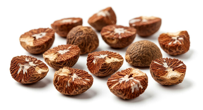 Delicious and fresh betel nuts scattered on white background ready for culinary use and healthy lifestyle