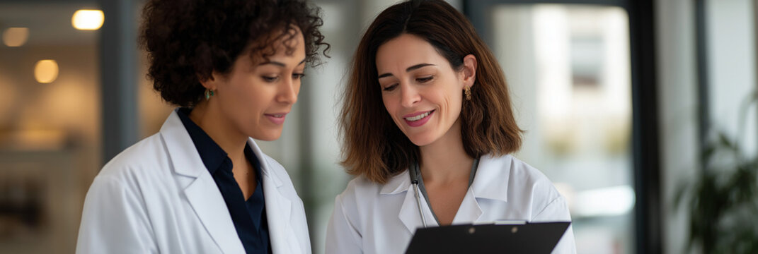 Two professional female doctors engage in a focused discussion as they review notes in a modern clinic, exuding a sense of collaboration and commitment to patient care.