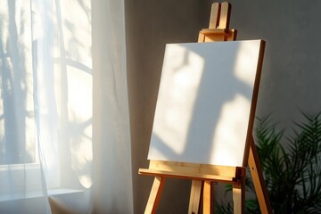 A blank canvas on a wooden easel stands ready in a sunlit room, bathed in soft morning light and window shadows. An artistic beginning.