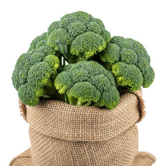 Fresh broccoli in a burlap sack isolated on transparent background