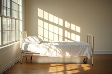 Obraz premium A simple bed with white linens sits near a window. Bright sunlight casts distinct grid shadows on the wall and wood floor.