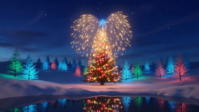 A beautiful christmas tree with angel wings fireworks on top, standing in a snowy landscape at night time