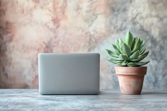 Closed silver laptop and green succulent in terracotta pot. On textured grey desk, against blurred, artistic wall. Minimalist, clean setup. - Powered by Adobe