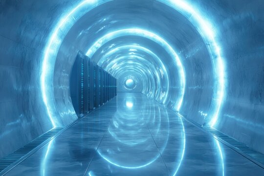A vibrant blue, glowing cylindrical tunnel houses rows of server racks, representing a futuristic, high-tech data center or network.
