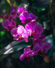Cluster of vibrant magenta phalaenopsis orchids with delicate petals and dark green foliage background