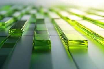 Vibrant green translucent glass bars create a modern, abstract pattern with dynamic lighting and depth, evoking a digital or technological aesthetic.
