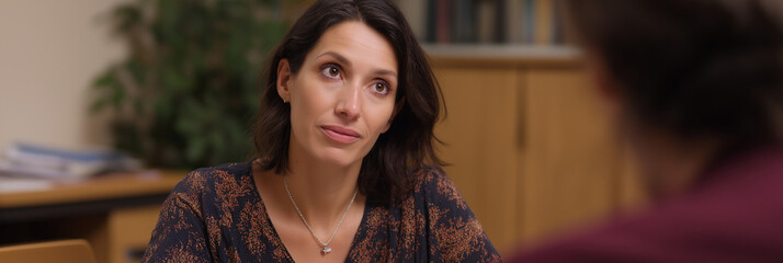 A focused businesswoman listens attentively during an important discussion, highlighting communication, professionalism, and engagement in a corporate environment.