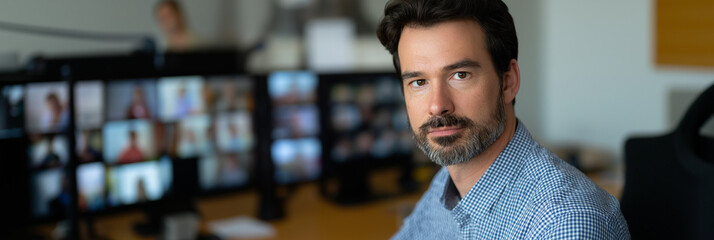 A serious man sits in front of multiple screens during a virtual meeting, representing modern communication, remote work dynamics, and the importance of digital interaction.