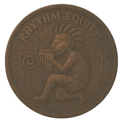 A bronze coin shows Rhythm Equity text above a kneeling figure with spiked hair playing a pan flute beside a spiral, set on a black background with aged metal texture.