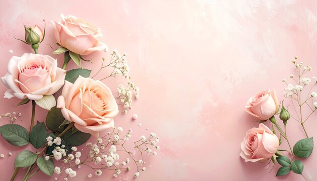 Delicate Pink Roses and Baby's Breath on a Soft Textured Background Ideal for Weddings and Special Occasions.