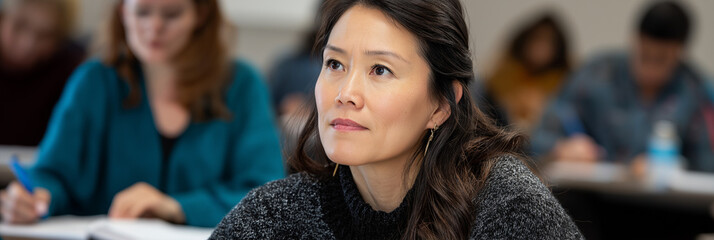 A focused woman listens attentively in a classroom, portraying engagement in learning and highlighting the importance of education and personal development in modern society.