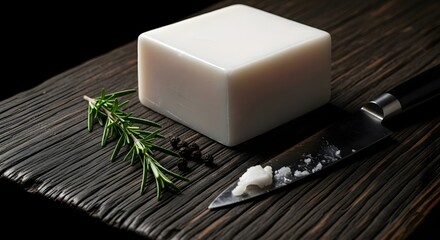 Artisanal beef tallow block with fresh rosemary on a rustic dark wood cutting board.
