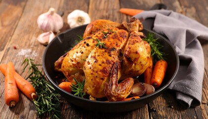 Roasted chicken with vegetables on a wooden table, delicious meal.