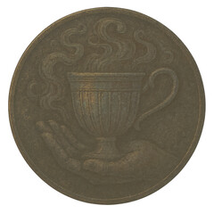 A bronze toned coin shows a steaming cup held by an open hand, vapor curls around the rim. Soft diffused light reveals patina and grain, vintage artisanal look.