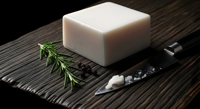 Artisanal beef tallow block with fresh rosemary on a rustic dark wood cutting board.
