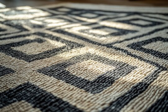 Close-up of a textured rug featuring a geometric black and beige pattern, illuminated by sunlight casting dynamic shadows across its surface.