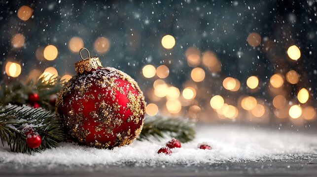 A red christmas ornament with gold glitter on snow with lights in the background during a snowfall - Powered by Adobe