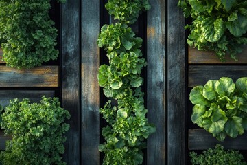 Fototapeta premium Overhead view of a vibrant vertical garden showcasing various lush green leafy vegetables thriving in organized wooden planters, bathed in natural light.