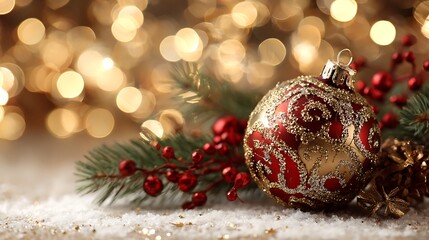 Ornate red and gold christmas ornament with berries and pine needles on a snowy surface