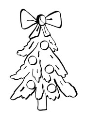 Christmas decorated pine tree  with bow in sketch style