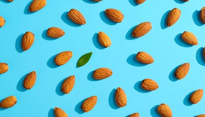 Almond Pattern on Blue Background with Single Leaf.