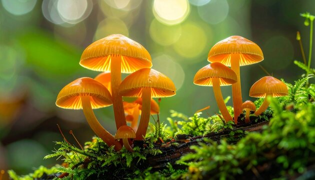 Enchanted Forest Fungi A Grouping of Wild Mushrooms Growing on a Mossy Log in a Mysterious Woodland.