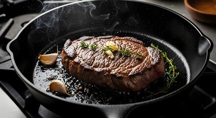 Grass-fed beef steak searing in a cast iron skillet with garlic and thyme.
