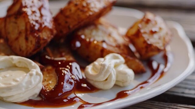 A plate holds golden-brown potato wedges drizzled with a rich sauce and accompanied by creamy dip. These potato wedges are a delicious snack, showcasing appetizing textures and fla