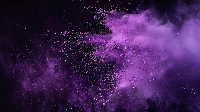 Purple powder explosion against black background with fine particles dust fine powder