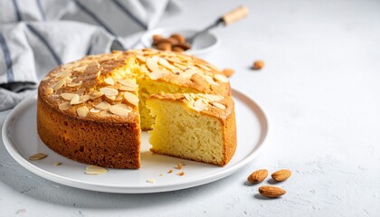 Almond Cake Slice Delicious Homemade Treat Dessert Pastry White Plate Background Kitchen Baked Good Sweet Fresh Recipe Ingredient.