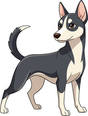 Cartoon dog illustration, athletic black and white canine character, confident pose, curled tail, expressive eyes, vector art design for animation, comics, branding