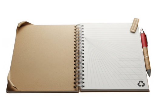 Open spiral bound notebook with recycled paper and pen isolated on transparent background