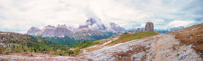 alpine panorama landscape dolomites, hiking trail to Cinque Torri mountain