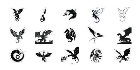 Collection of diverse dragon silhouettes and illustrations featuring mythical creatures in various poses and styles