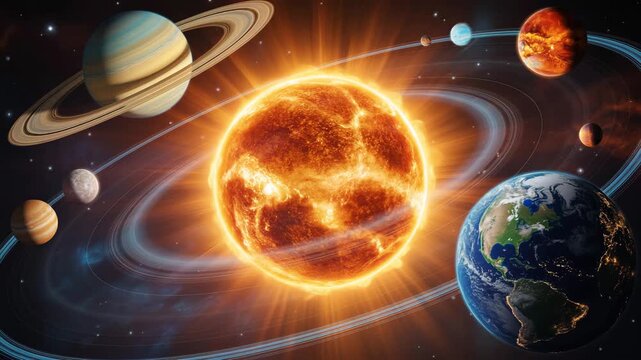 The solar system with the sun and planets orbiting around it in a beautiful cosmic illustration