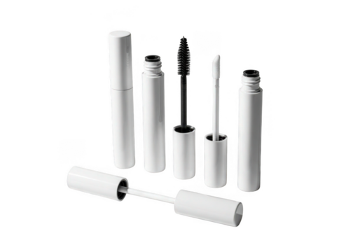 Collection of white mascara tubes and applicators isolated on transparent background