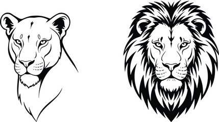 Lion and lioness illustration, stylized black and white vector artwork, bold mane design, gender contrast portrait, stock content for branding, tattoos, education, comics