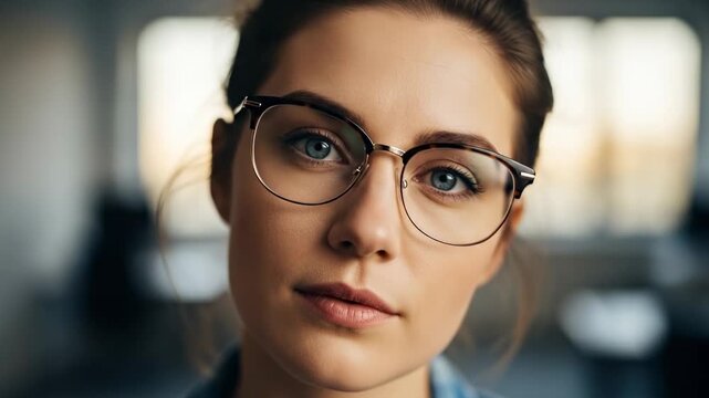 Woman with Glasses Posing for a Portrait, Looking Directly at the Camera.