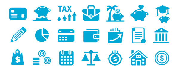 Achieve financial success with smart planning icons for tax, savings, investment, and secure growth in modern business and personal finance